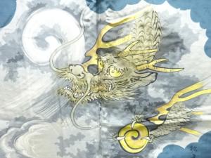 アンティーク　雲龍模様肩裏手織り節紬男物羽織